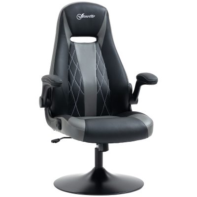 Vinsetto Chaise de gaming ergonomique avec base ronde métal pivotante 360° hauteur réglable têtière accoudoirs relevables PVC gris noir