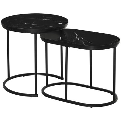 HOMCOM Lot de 2 tables d'appoint gigognes en métal et plateau MDF aspect marbre - Table ronde et ovale - noir