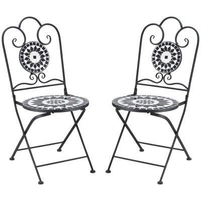 Outsunny Lot de 2 chaises de bistro pliantes pour jardin style fer forgé en métal noir et mosaïque céramique motif rose   Aosom France