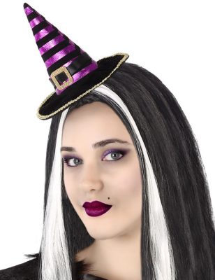 Serre-tête mini chapeau de sorcière rayé noir et violet adulte