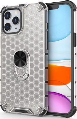 Mobigear Honeycomb Ring - Coque Apple iPhone 12 Coque Arrière Rigide Antichoc + Anneau-Support - Transparent