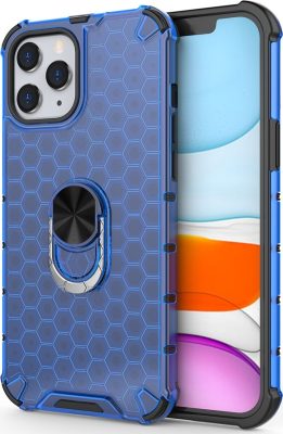 Mobigear Honeycomb Ring - Coque Apple iPhone 12 Pro Max Coque Arrière Rigide Antichoc + Anneau-Support - Bleu