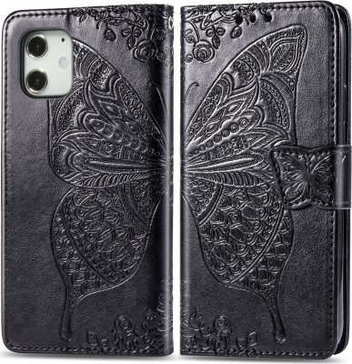 Mobigear Butterfly - Coque Apple iPhone 12 Mini Etui Portefeuille - Noir