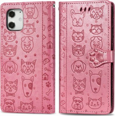 Mobigear Cat and Dog - Coque Apple iPhone 12 Etui Portefeuille - Rose