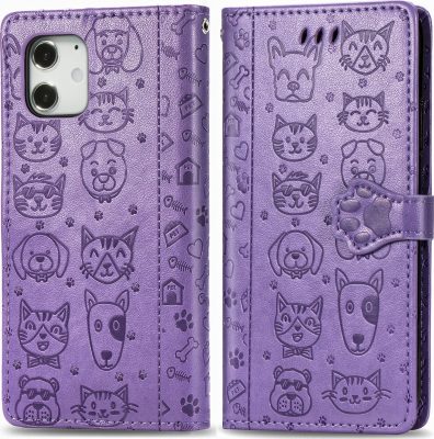 Mobigear Cat and Dog - Coque Apple iPhone 12 Etui Portefeuille - Violet
