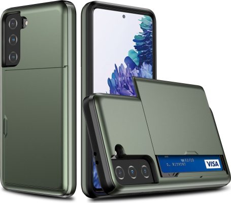 Mobigear Card - Coque Samsung Galaxy S21 Coque Arrière Rigide Antichoc + Porte Carte - Army