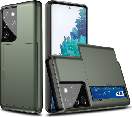Mobigear Card - Coque Samsung Galaxy S21 Ultra Coque Arrière Rigide Antichoc + Porte Carte - Army