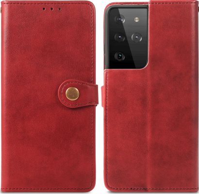 Mobigear Snap Button - Coque Samsung Galaxy S21 Ultra Etui Portefeuille - Rouge