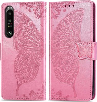 Mobigear Butterfly - Coque Sony Xperia 1 III Etui Portefeuille - Rose