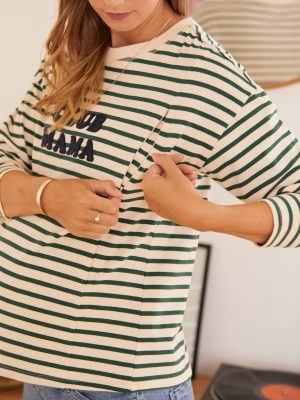 T-shirt marinière grossesse et allaitement vert rayé blanc