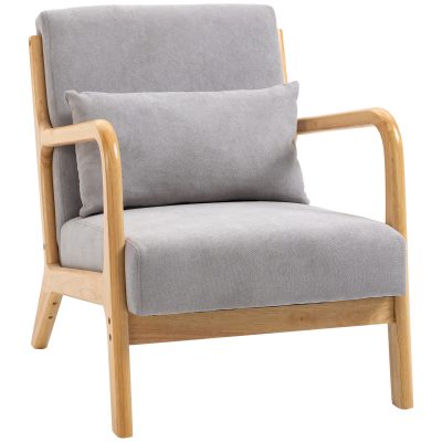 HOMCOM Fauteuil de salon design moderne chaise de loisirs avec coussin et pieds en bois de caoutchouc 61 x 71 x 76 cm gris