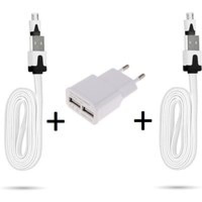 Pack Chargeur pour Smartphone Micro USB (2 Cables Chargeur Noodle + Double Prise Secteur USB) Android (BLANC)
