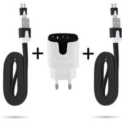 Pack Chargeur pour Smartphone Micro USB (2 Cables Chargeur Noodle + Double Prise Couleur Secteur) Android