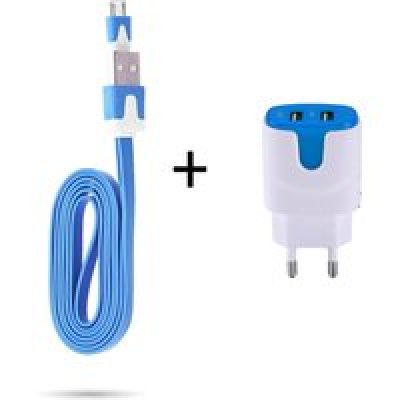 Pack Chargeur pour Manette Playstation 4 PS4 Smartphone Micro USB (Cable Noodle 1m Chargeur + Double Prise Secteur Couleur USB) (BLEU)