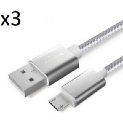 Pack de 3 Cables Metal Nylon Micro USB pour Smartphone Android Chargeur Connecteur