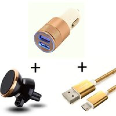 Pack Voiture pour Smartphone (Cable Chargeur Metal Micro USB + Double Adaptateur Allume Cigare + Support Magnetique)