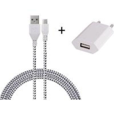 Pack Chargeur pour Manette Playstation 4 PS4 Smartphone Micro USB (Cable Tresse 3m Chargeur + Prise Secteur USB) Murale Android (BLANC)