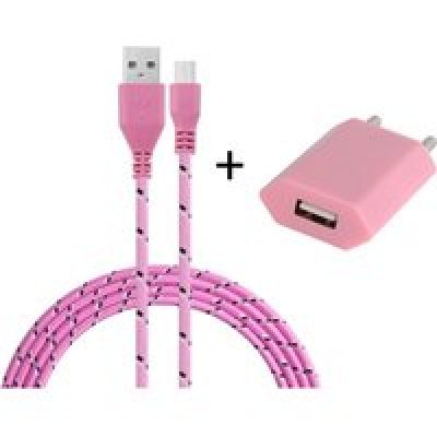 Pack Chargeur pour Manette Playstation 4 PS4 Smartphone Micro USB (Cable Tresse 3m Chargeur + Prise Secteur USB) Murale Android (ROSE PALE)