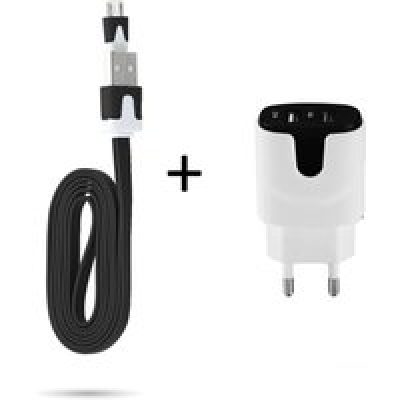 Pack Chargeur pour Manette Playstation 4 PS4 Smartphone Micro USB (Cable Noodle 1m Chargeur + Double Prise Secteur Couleur USB) (NOIR)