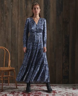 Superdry Femme Dry Robe en Soie Imprimée Dry en Édition Limitée Bleu Taille: 36