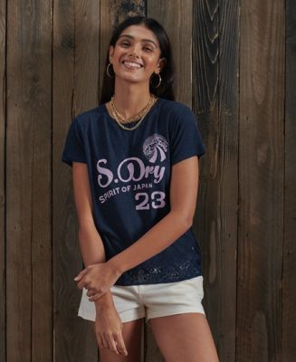Superdry Femme T-shirt à Motif et Ourlet en Dentelle Montauk Bleu Foncé Taille: 34