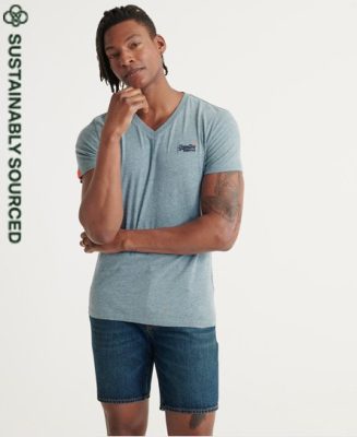 Superdry Homme T-shirt à col V Vintage en Coton Biologique Orange Label Bleu Taille: XS