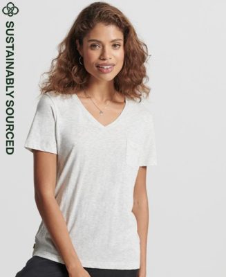 Superdry Femme T-shirt en Coton bio à col V et Poche Poitrine Gris Clair Taille: 38