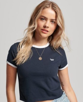 Superdry Femme T-shirt Court à Bords Contrastants en Coton Biologique Bleu Marine Taille: 44
