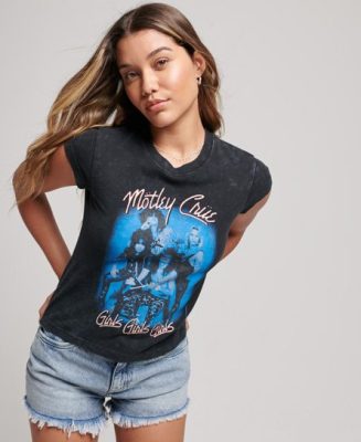Superdry Femme T-shirt à Mancherons Mötley Crüe Noir Taille: 42