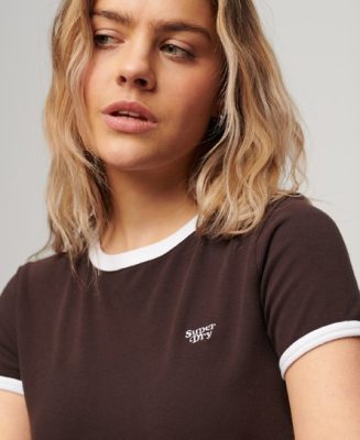 Superdry Femme T-shirt Court à Bords Contrastants en Coton Biologique Marron Taille: 42