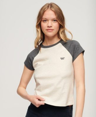 Superdry Femme T-shirt en Coton bio à Manches Raglan et à Logo Essential CRÈME Taille: 38