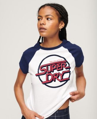 Superdry Femme Mini T-shirt de Baseball à Motif Roller Blanc/Noir/Bleu Taille: 40