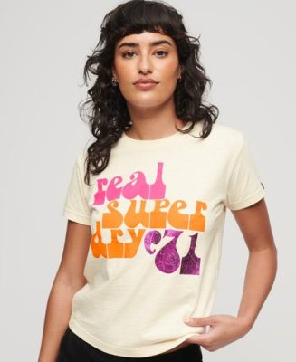 Superdry Femme T-shirt à Motif Retro Font Années 70 Beige Taille: 36