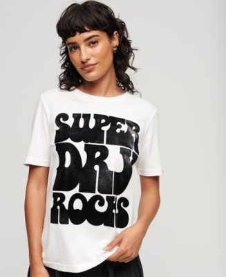 Superdry Femme T-shirt à Logo Retro Rock Années 70 CRÈME Taille: 38