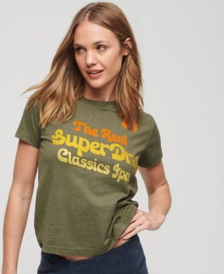 Superdry Femme T-shirt à Logo Métallisé Script 70s Vert Taille: 42