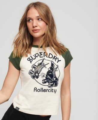 Superdry Femme Mini T-shirt de Baseball à Motif Roller Crème/Vert Kaki Taille: 44