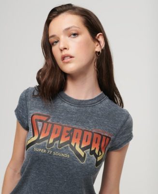 Superdry Femme T-shirt à Motif Rock Band Gris Foncé Taille: 42