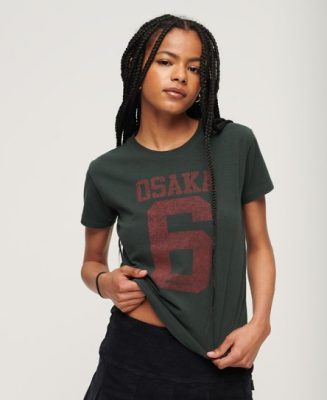 Superdry Femme T-shirt Ajusté à Manches Courtes Imprimé Osaka Vert Taille: 44