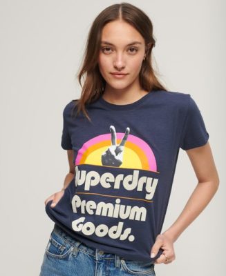 Superdry Femme T-shirt à Motif Retro Font Années 70 Bleu Marine Taille: 38