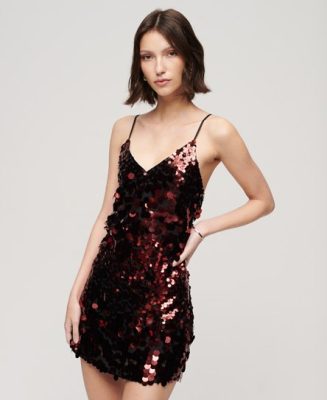 Superdry Femme Robe Courte à Sequins Disco Rouge Taille: 44