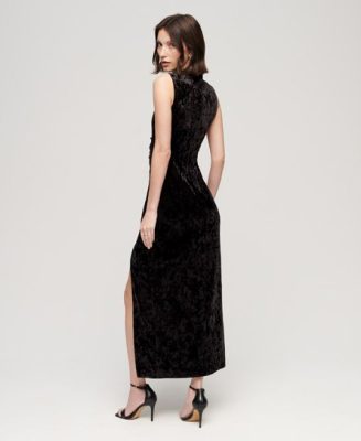 Superdry Femme Robe Longue en Velours Noir Taille: 40