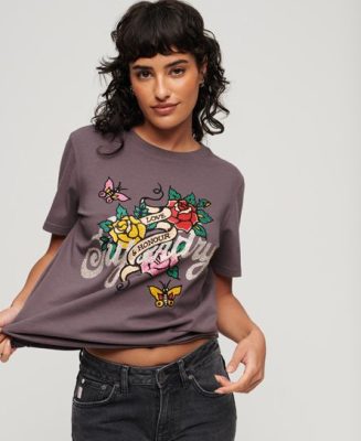 Superdry Femme T-shirt à Motif Tatouage Script Gris Taille: 42