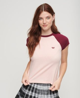 Superdry Femme T-shirt en Coton bio à Manches Raglan et à Logo Essential Rose Taille: 40