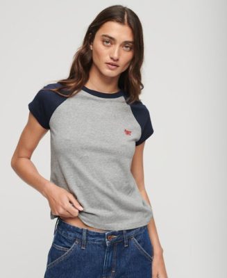 Superdry Femme T-shirt en Coton bio à Manches Raglan et à Logo Essential Gris Taille: 38