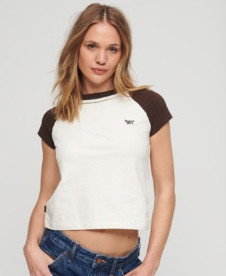 Superdry Femme T-shirt en Coton bio à Manches Raglan et à Logo Essential Blanc/Marron Taille: 36
