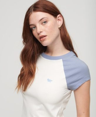 Superdry Femme T-shirt en Coton bio à Manches Raglan et à Logo Essential Bleu Taille: 44