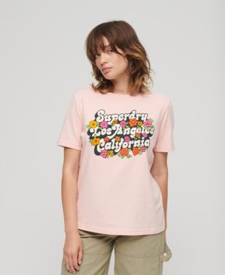 Superdry Femme T-shirt à Logo Floral Années 70 Rose Taille: 44