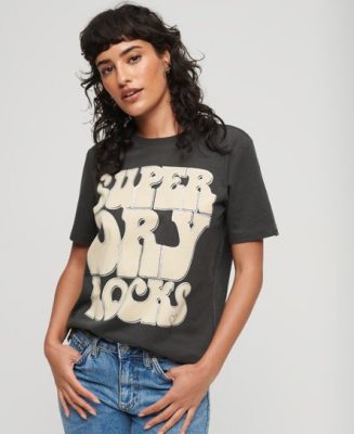 Superdry Femme T-shirt à Logo Retro Rock Années 70 Noir/Beige Taille: 38