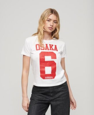 Superdry Femme T-shirt à Imprimé Craquelé 90s Osaka 6 Blanc/Rouge Taille: 40