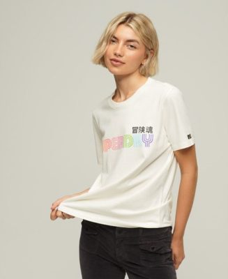 Superdry Femme T-shirt Arc-en-ciel Vintage Retro CRÈME Taille: 36